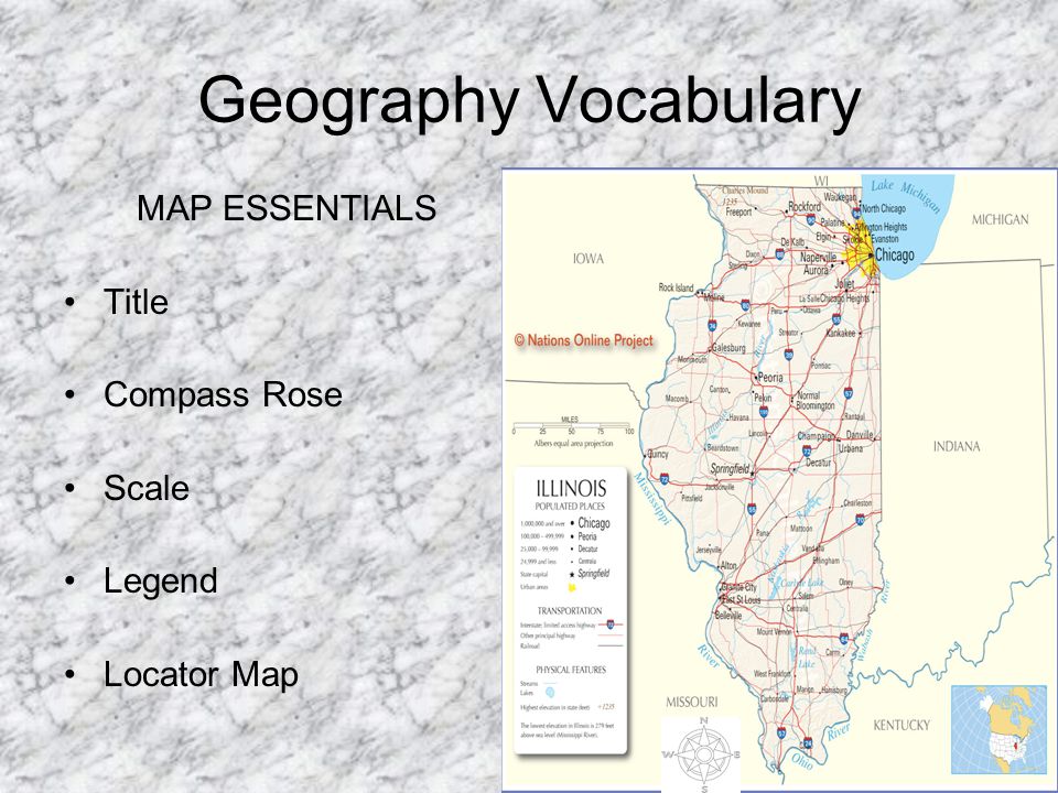 Geography Vocabulary MAP ESSENTIALS Title Compass Rose Scale Legend