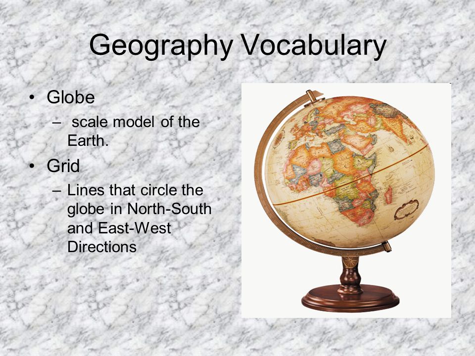 Geography Vocabulary Globe Grid scale model of the Earth.