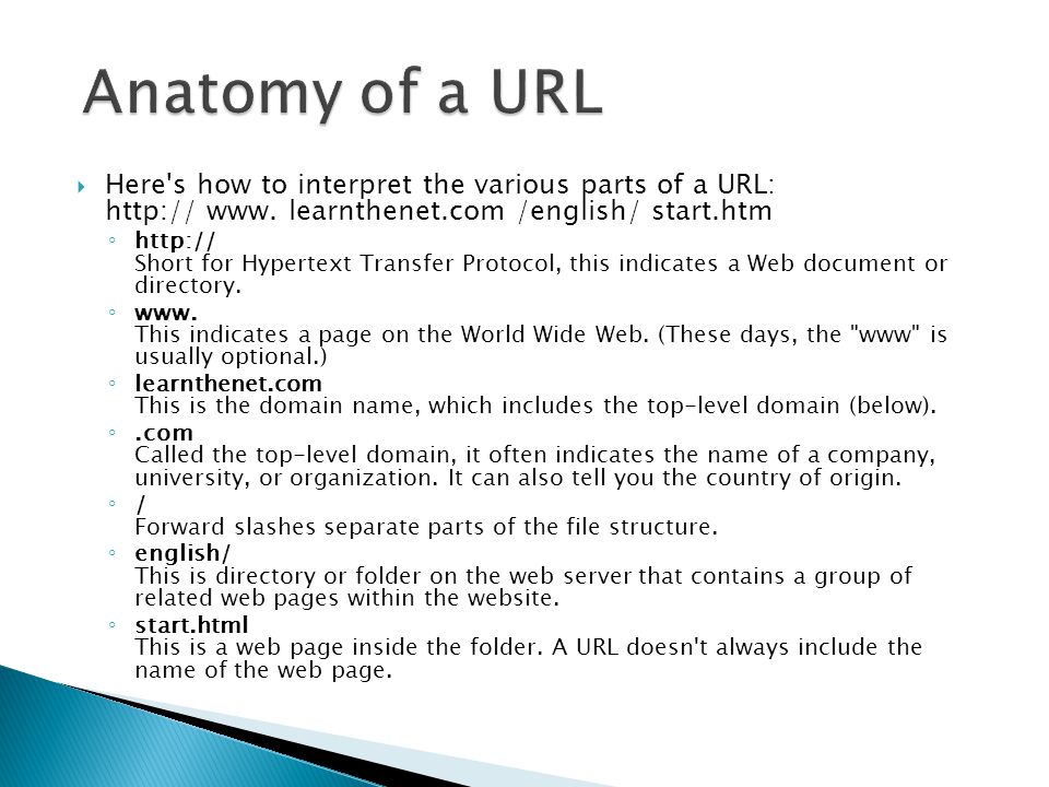 Anatomy of a URL Here s how to interpret the various parts of a URL:   www. learnthenet.com /english/ start.htm.