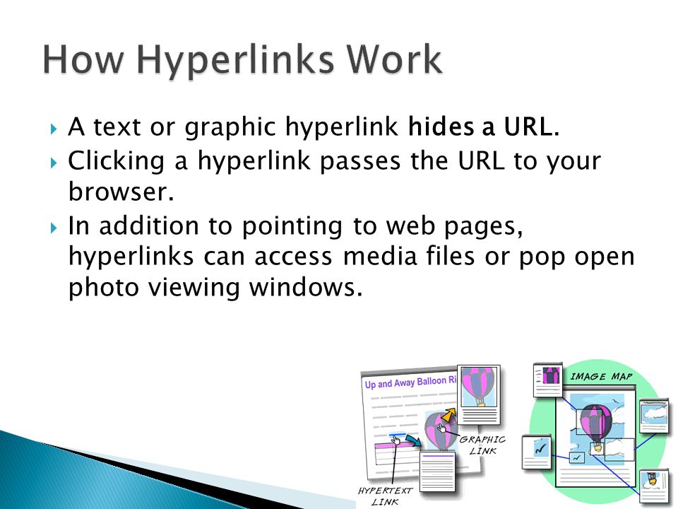 How Hyperlinks Work A text or graphic hyperlink hides a URL.