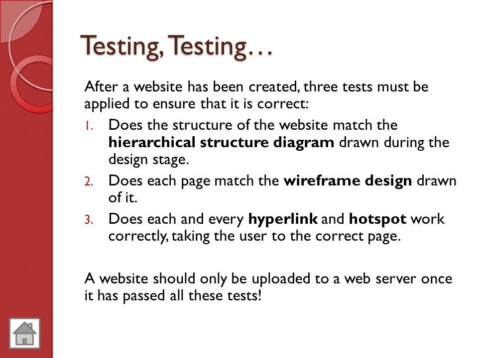 Testing, Testing… After a website has been created, three tests must be applied to ensure that it is correct: