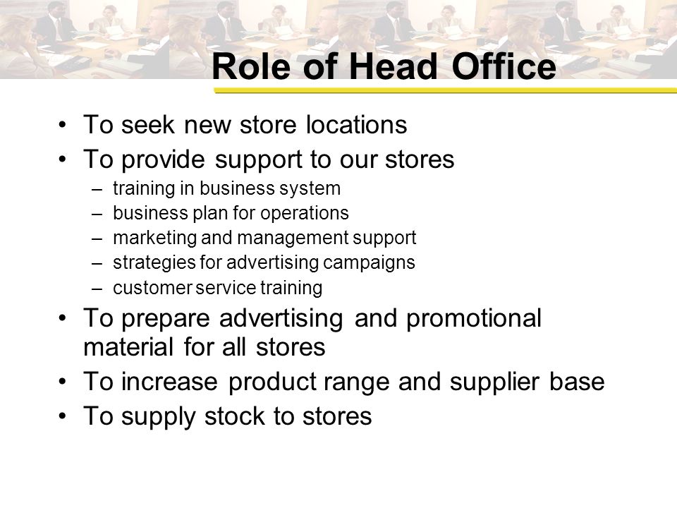 Role of Head Office To seek new store locations