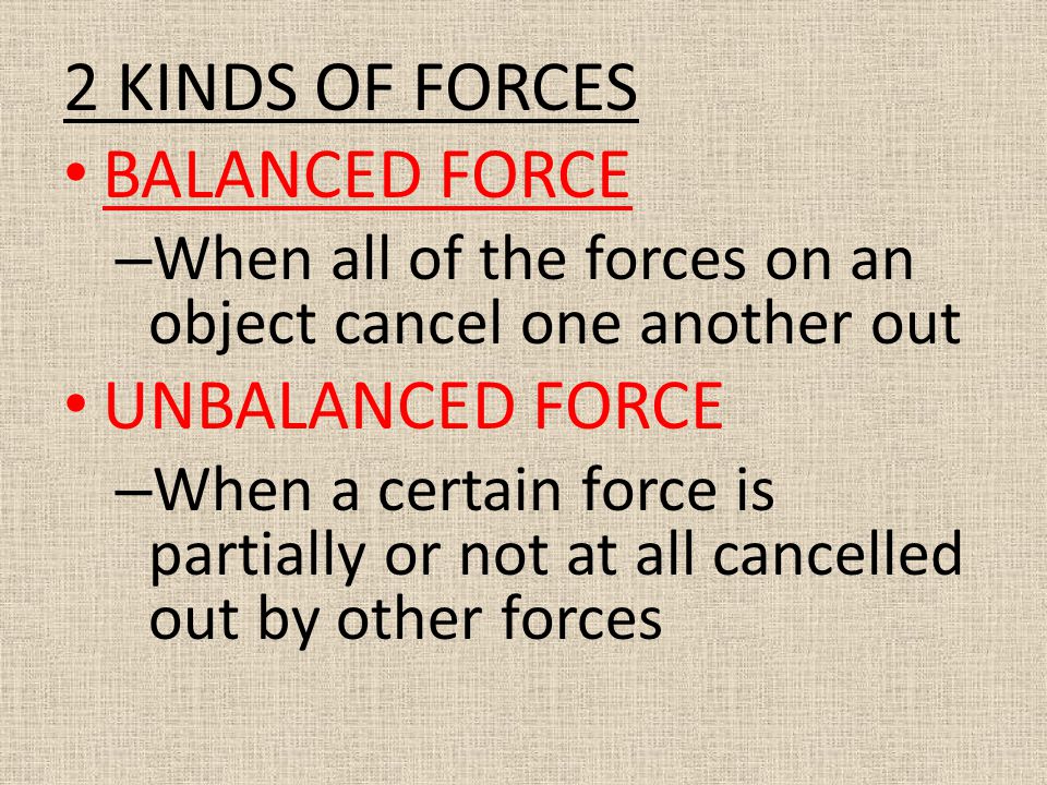 2 KINDS OF FORCES BALANCED FORCE UNBALANCED FORCE