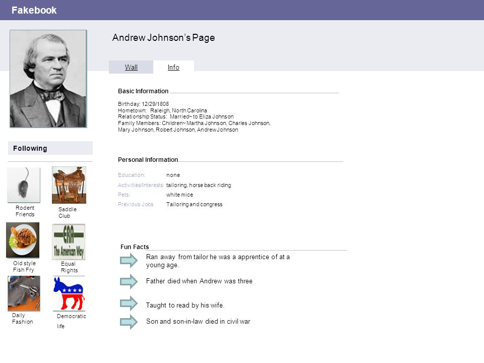 Fakebook Andrew Johnson’s Page Wall Image Wall Info Following