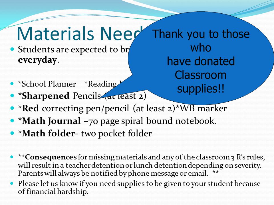 Materials Needed Thank you to those who have donated