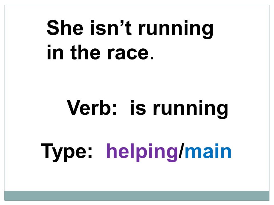 She isn’t running in the race. Verb: is running Type: helping/main