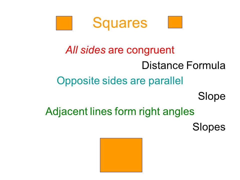 Squares All sides are congruent Distance Formula