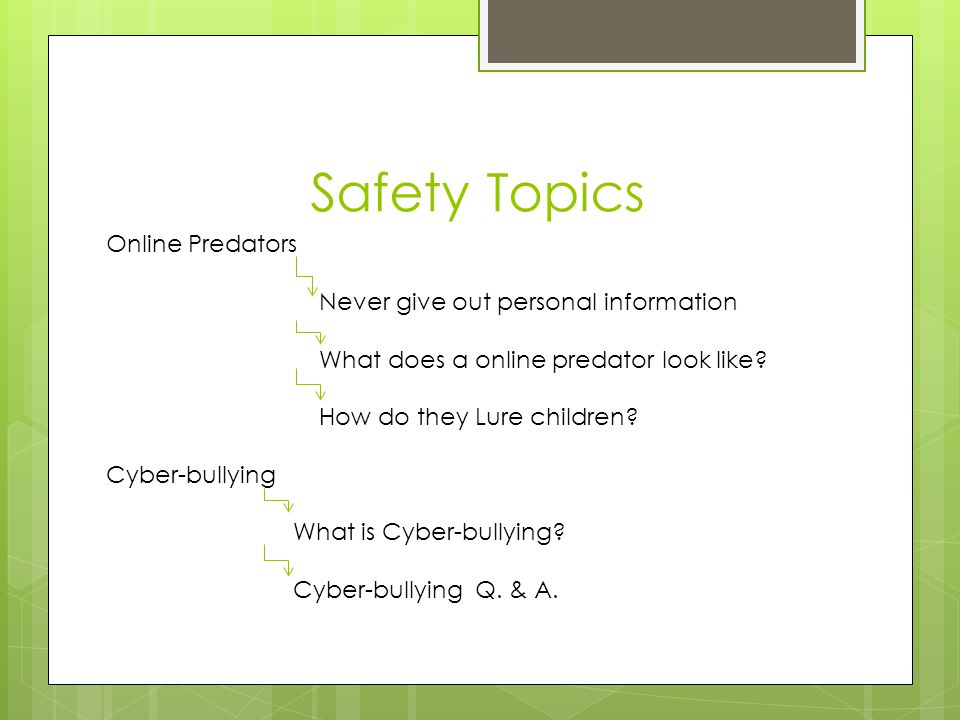 Safety Topics Online Predators Never give out personal information