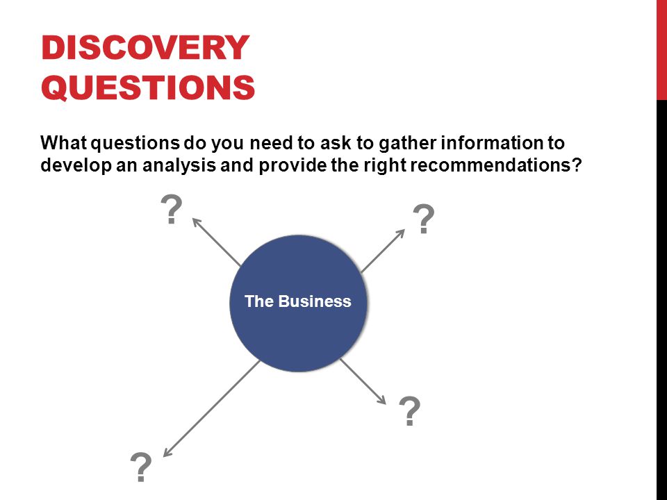 Discovery Questions What questions do you need to ask to gather information to develop an analysis and provide the right recommendations