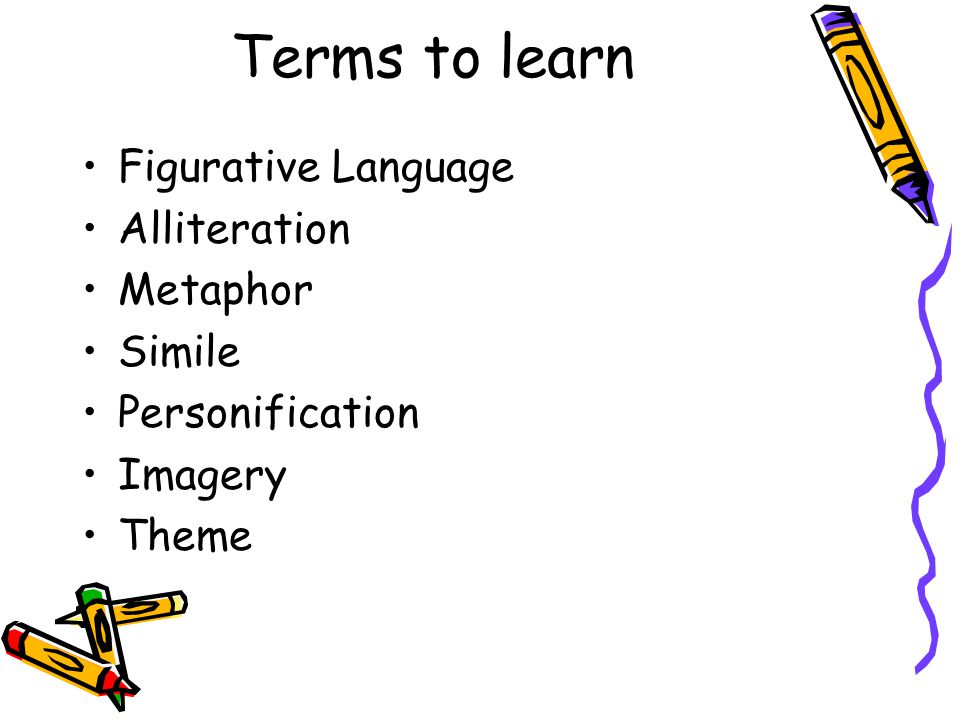 Terms to learn Figurative Language Alliteration Metaphor Simile