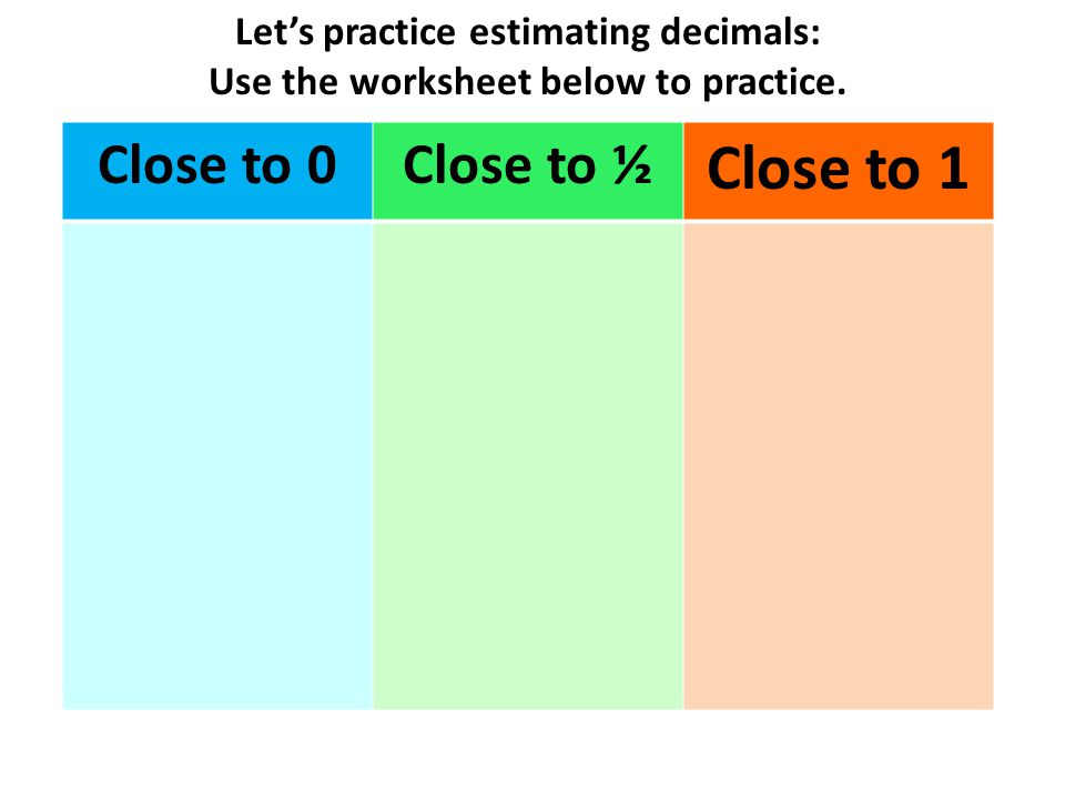 Close to 1 Close to 0 Close to ½ Let’s practice estimating decimals: