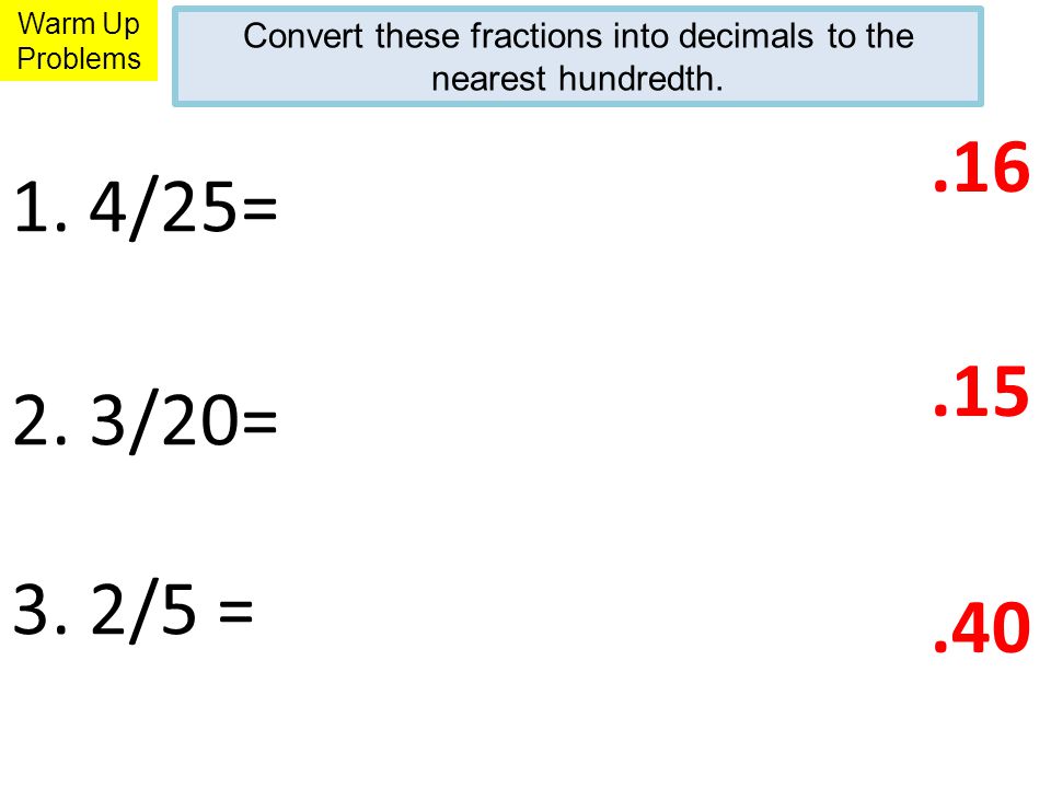 Convert these fractions into decimals to the nearest hundredth.