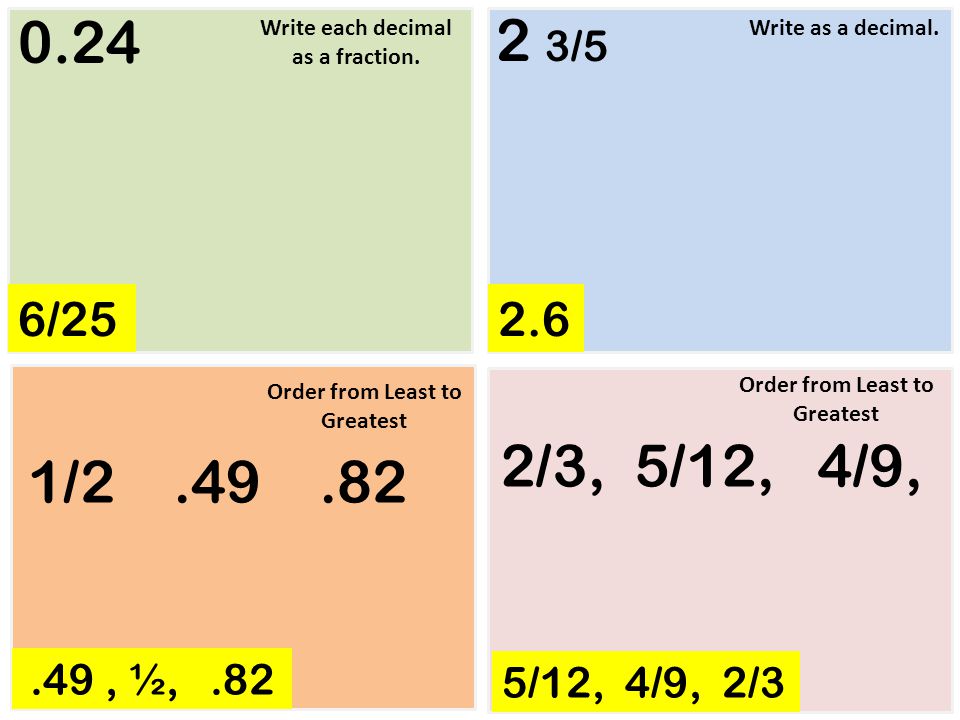 /5. Write each decimal as a fraction. Write as a decimal. 6/ Order from Least to Greatest.