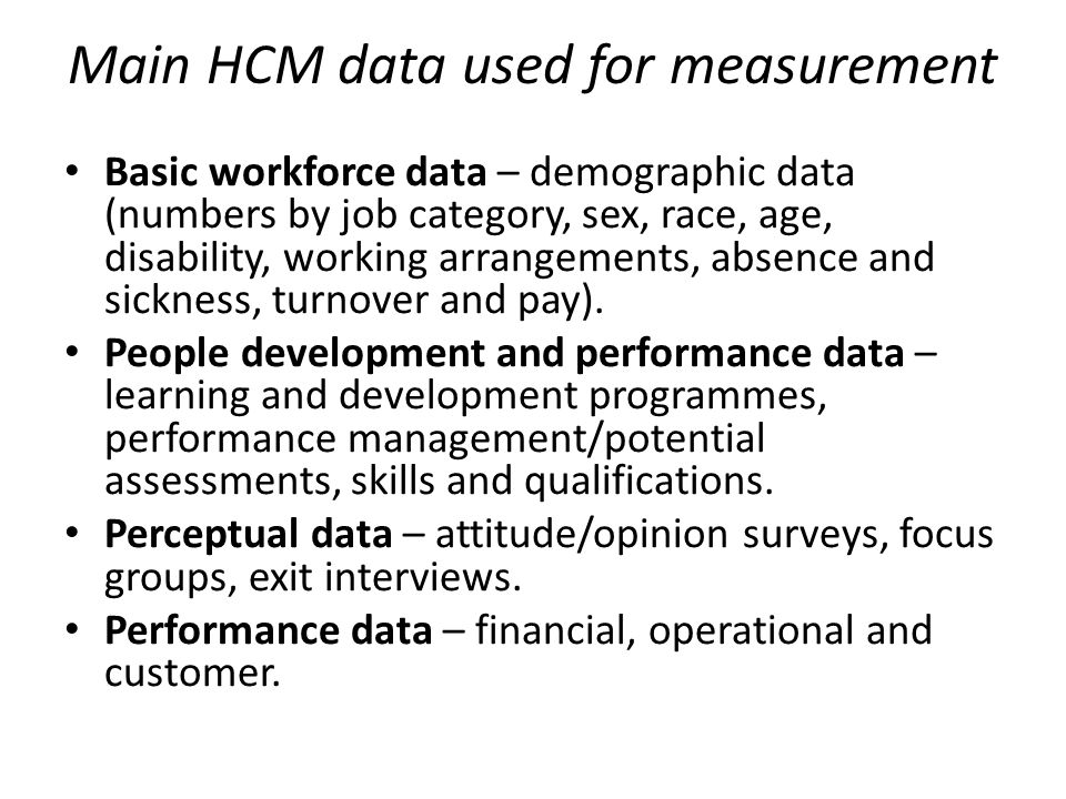 Main HCM data used for measurement