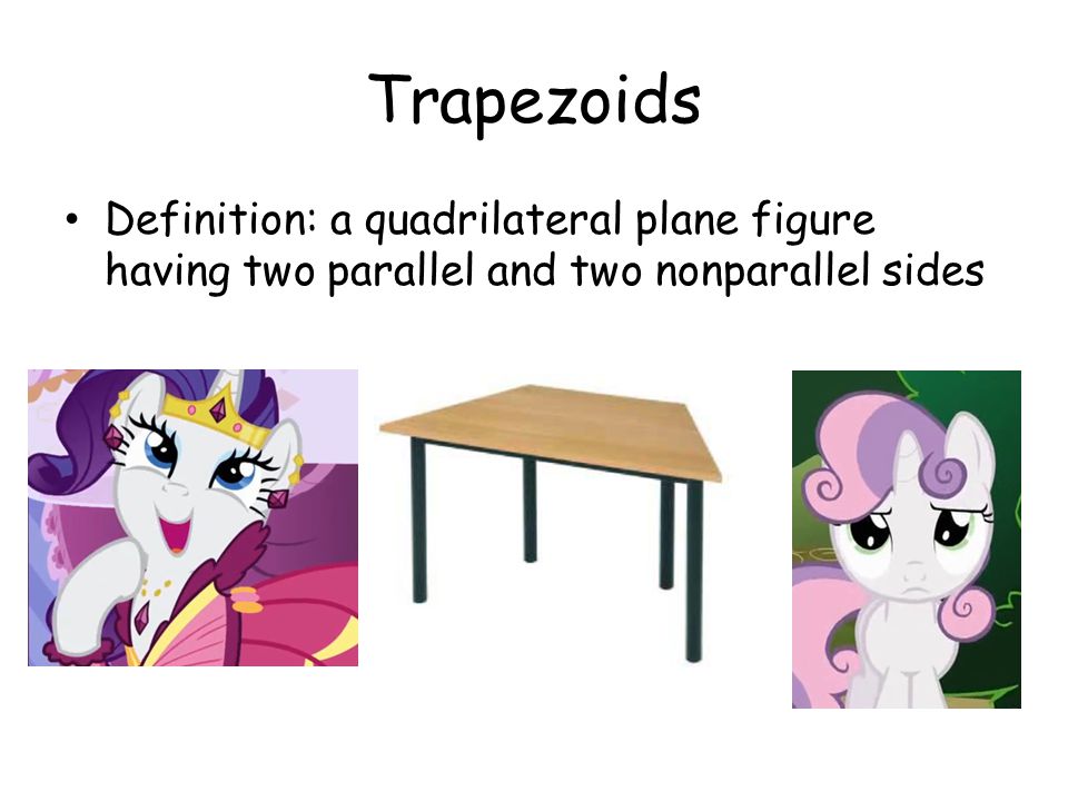 Trapezoids Definition: a quadrilateral plane figure having two parallel and two nonparallel sides