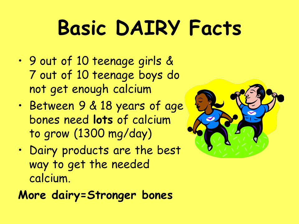 Basic DAIRY Facts 9 out of 10 teenage girls & 7 out of 10 teenage boys do not get enough calcium.