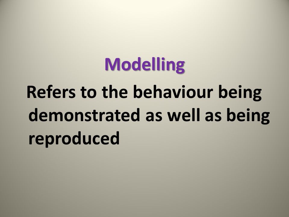 Modelling Refers to the behaviour being demonstrated as well as being reproduced