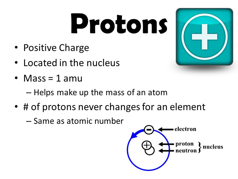 Protons Positive Charge Located in the nucleus Mass = 1 amu