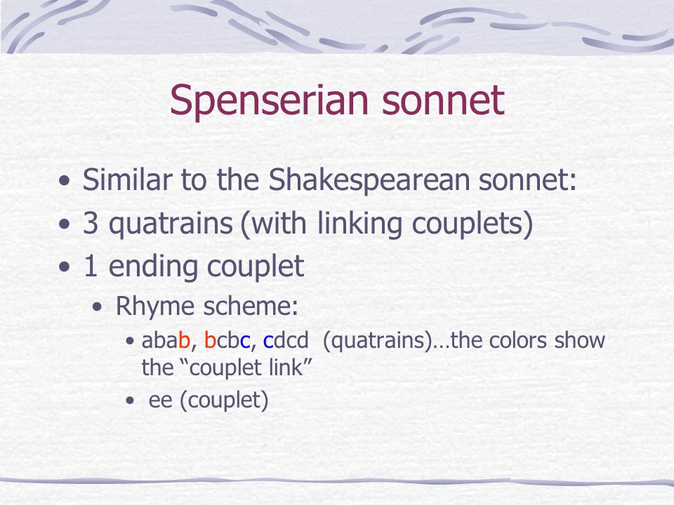 Spenserian sonnet Similar to the Shakespearean sonnet: