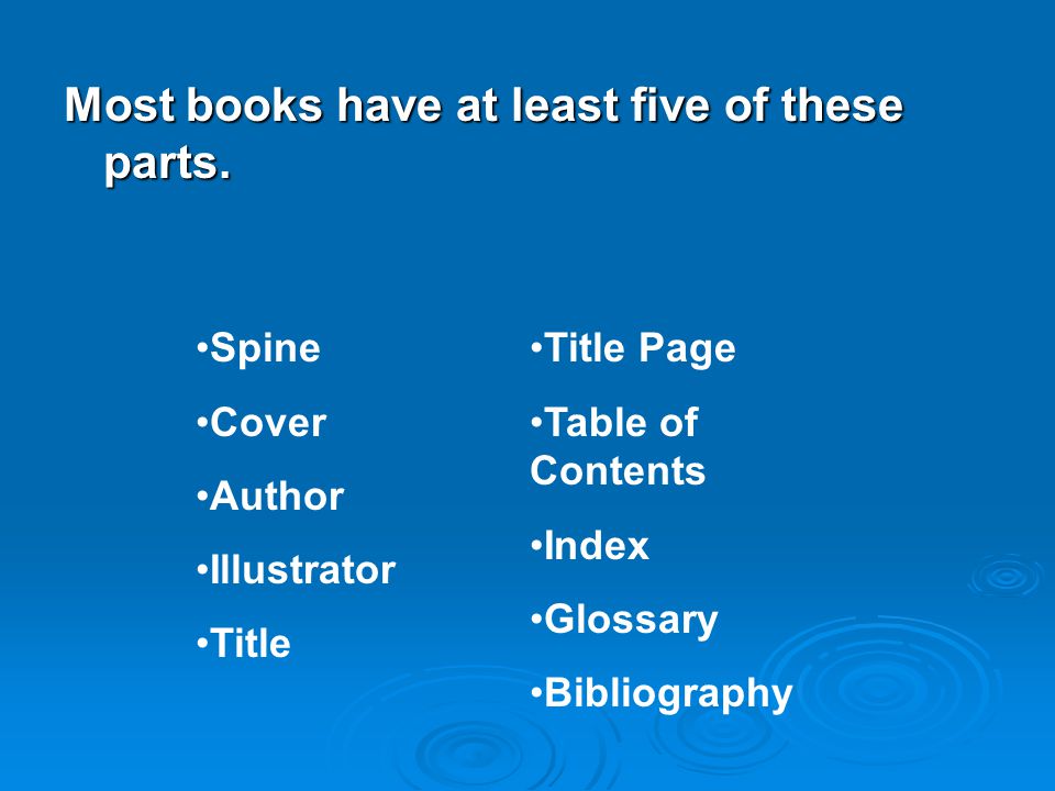 Most books have at least five of these parts.