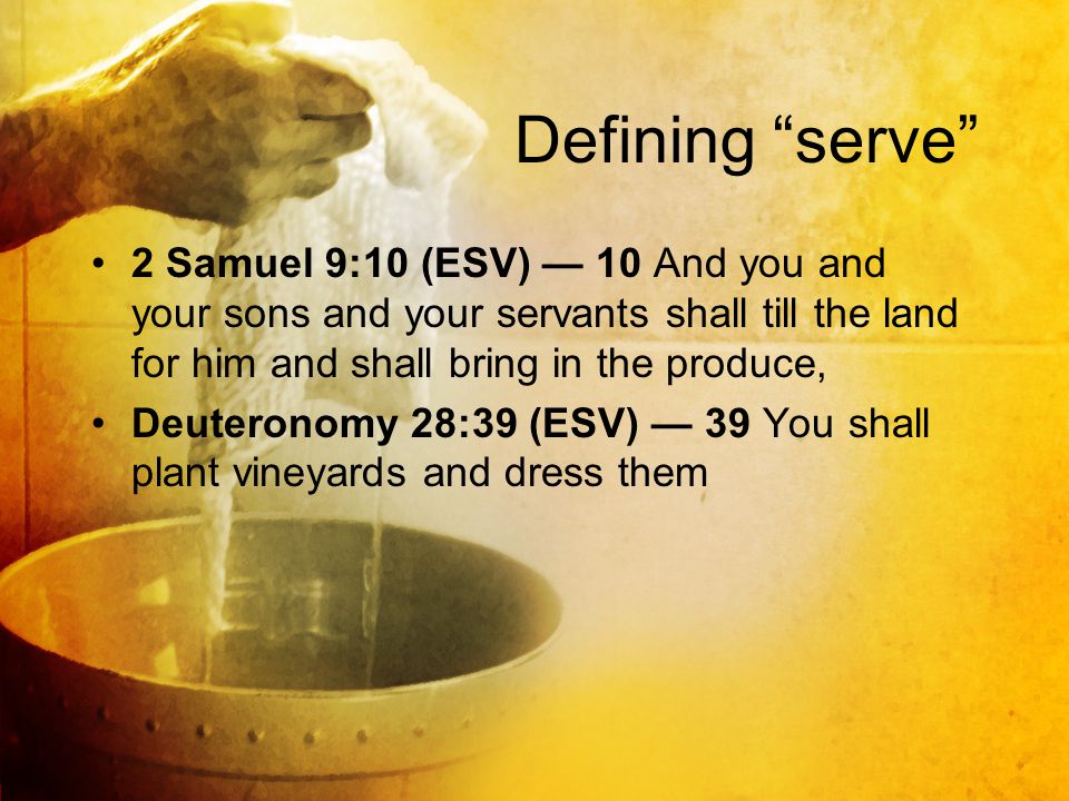 Defining serve 2 Samuel 9:10 (ESV) — 10 And you and your sons and your servants shall till the land for him and shall bring in the produce,