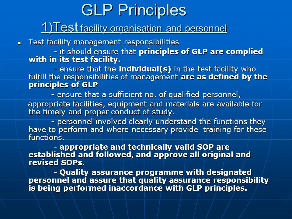 GLP Principles 1)Test facility organisation and personnel