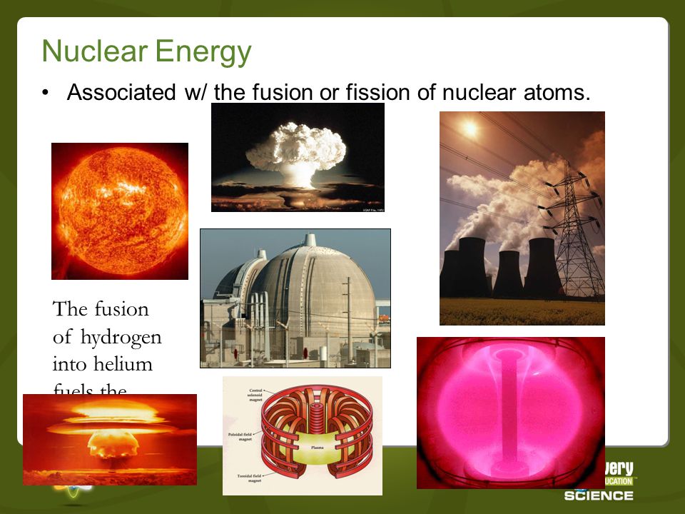 Nuclear Energy Associated w/ the fusion or fission of nuclear atoms.
