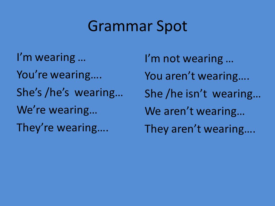 Grammar Spot I’m wearing … You’re wearing…. She’s /he’s wearing… We’re wearing… They’re wearing…. I’m not wearing …