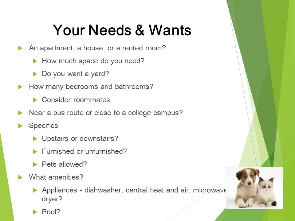 Your Needs & Wants An apartment, a house, or a rented room