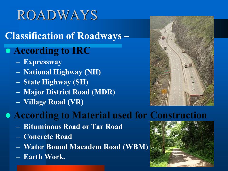 ROADWAYS Classification of Roadways – According to IRC