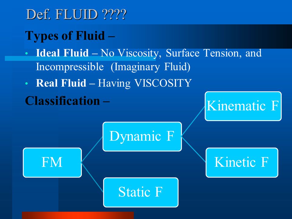 Def. FLUID FM Dynamic F Kinematic F Kinetic F Static F