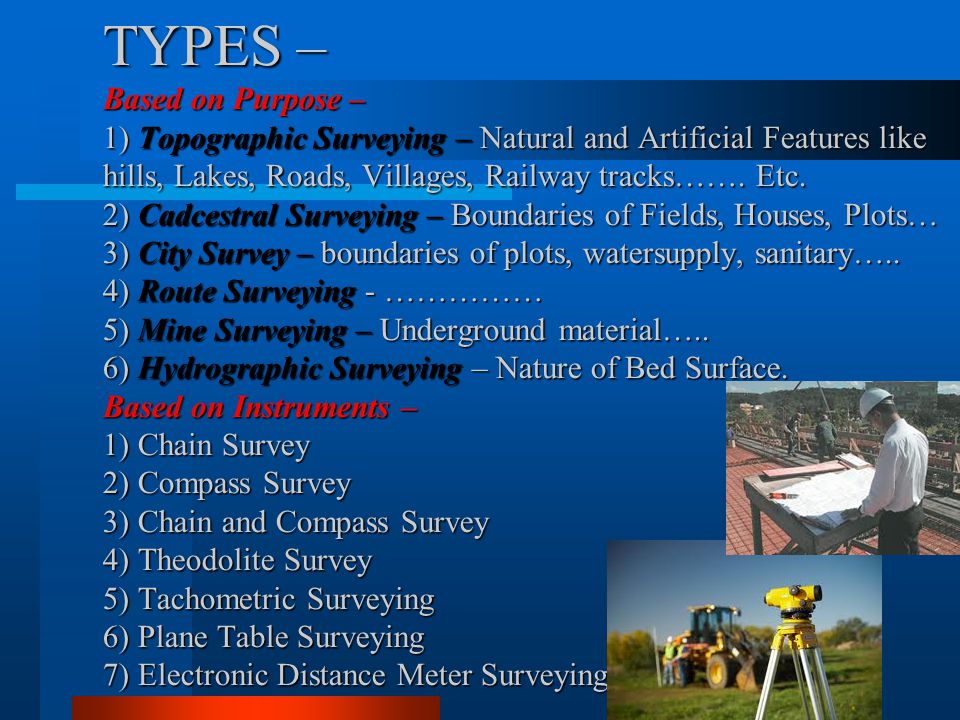 TYPES – Based on Purpose – 1) Topographic Surveying – Natural and Artificial Features like hills, Lakes, Roads, Villages, Railway tracks…….