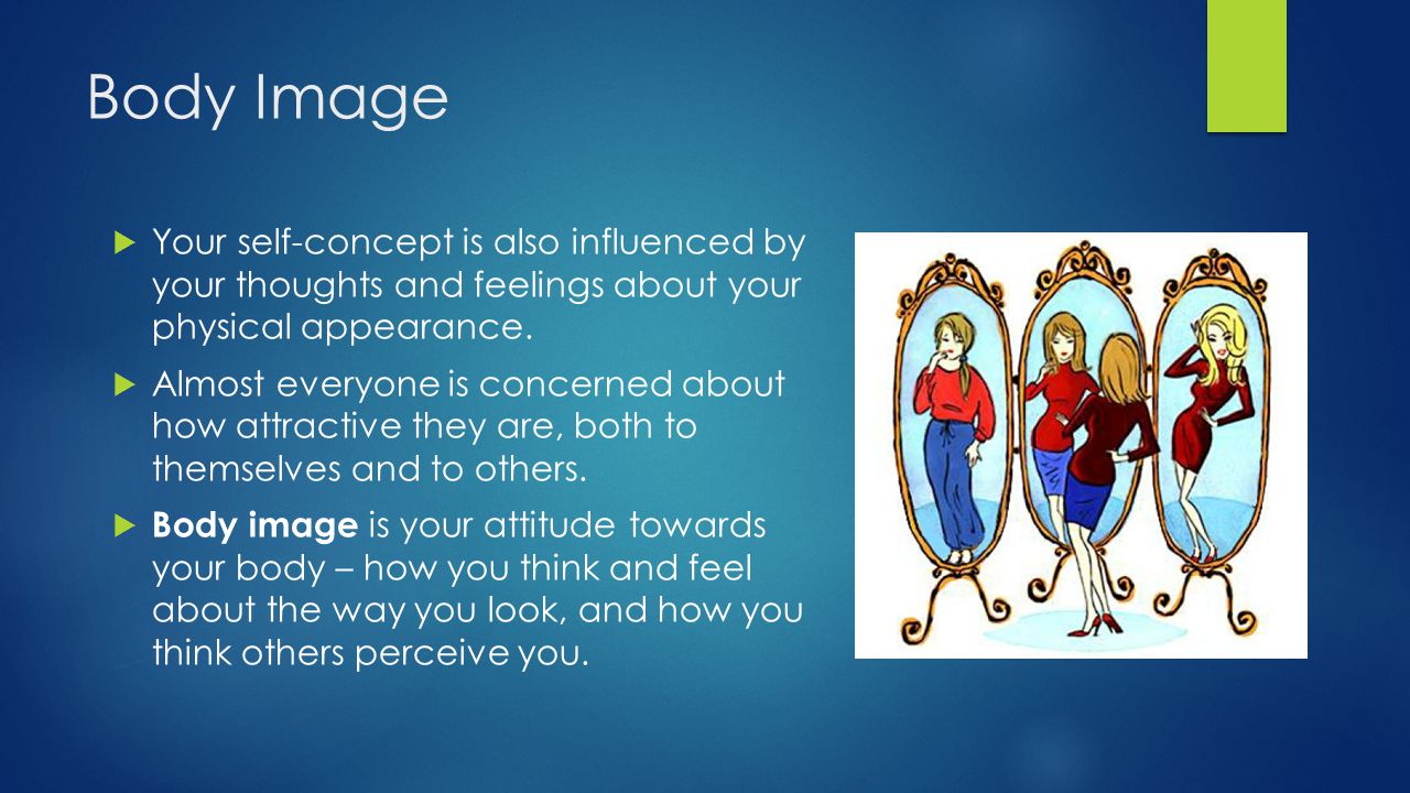 Body Image Your self-concept is also influenced by your thoughts and feelings about your physical appearance.