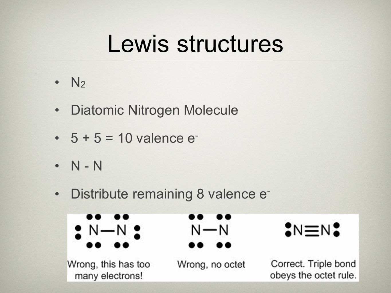 Lewis structures N2 Diatomic Nitrogen Molecule = 10 valence e-