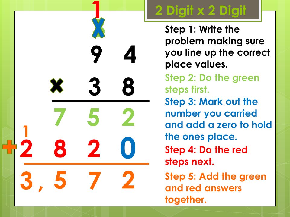 1 2 Digit x 2 Digit. 3. Step 1: Write the problem making sure you line up the correct place values.