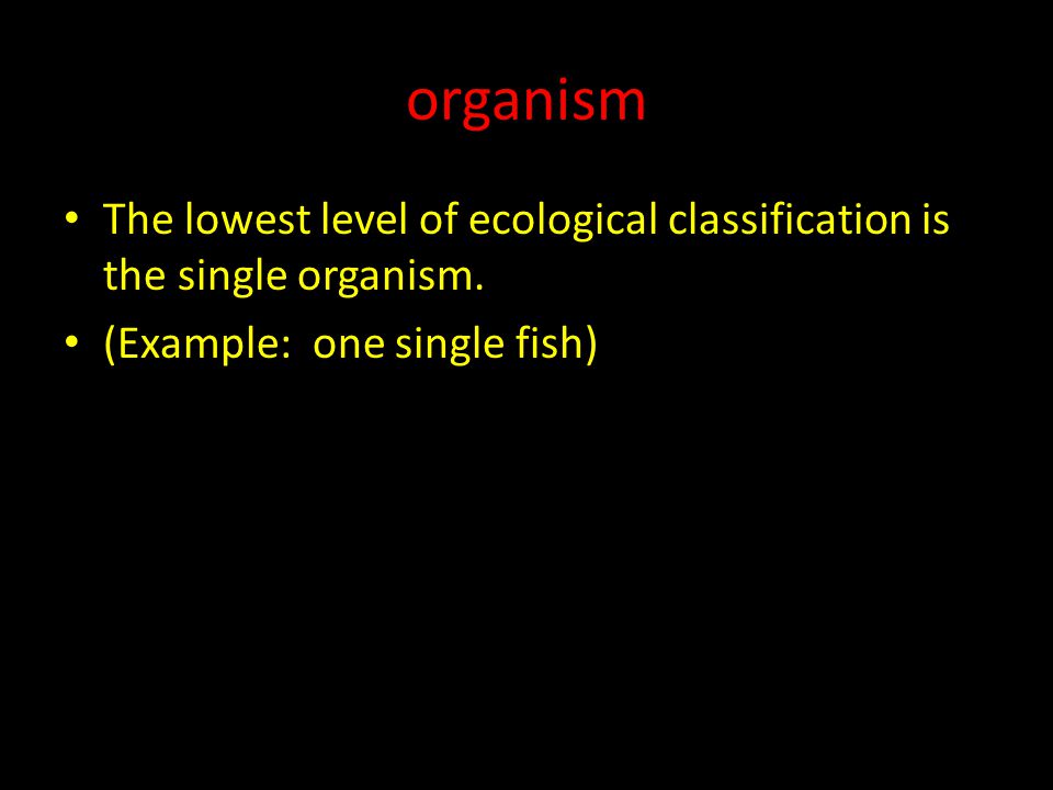 organism The lowest level of ecological classification is the single organism.