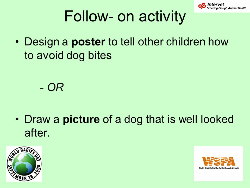 Follow- on activity Design a poster to tell other children how to avoid dog bites. - OR. Draw a picture of a dog that is well looked after.