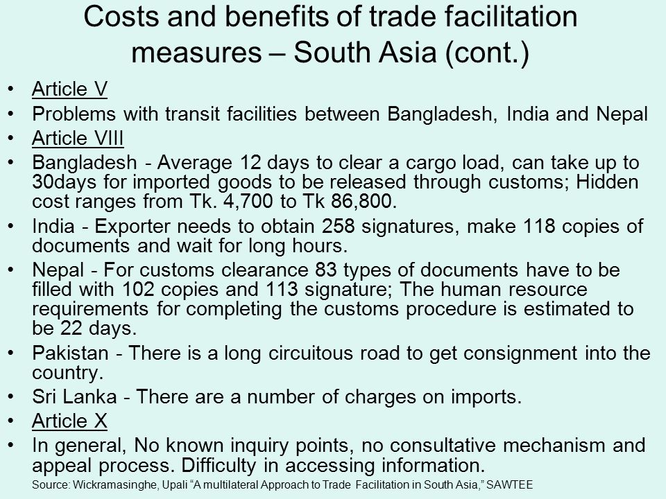 Costs and benefits of trade facilitation measures – South Asia (cont.)