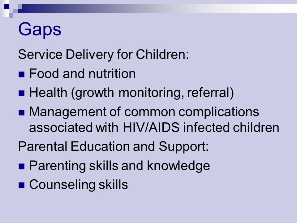 Gaps Service Delivery for Children: Food and nutrition
