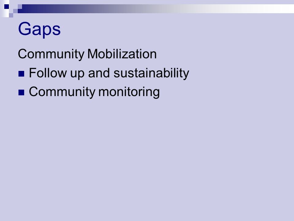Gaps Community Mobilization Follow up and sustainability