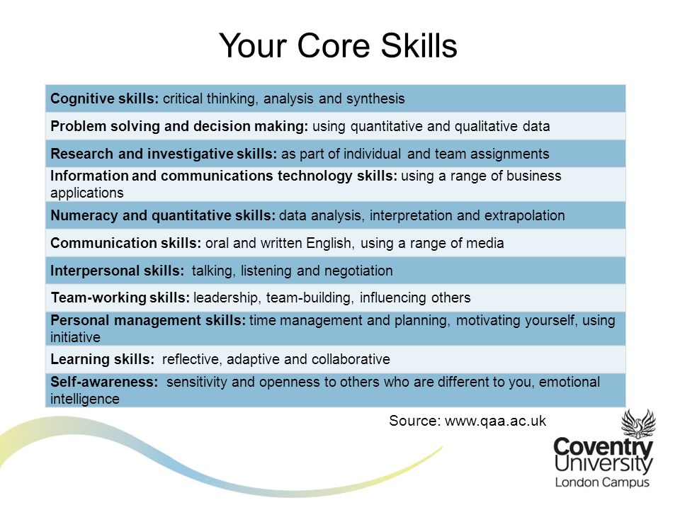 Your Core Skills Cognitive skills: critical thinking, analysis and synthesis.