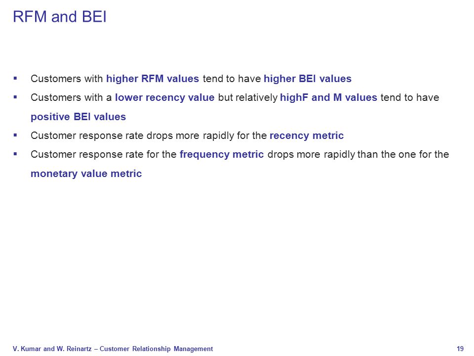 RFM and BEI Customers with higher RFM values tend to have higher BEI values.