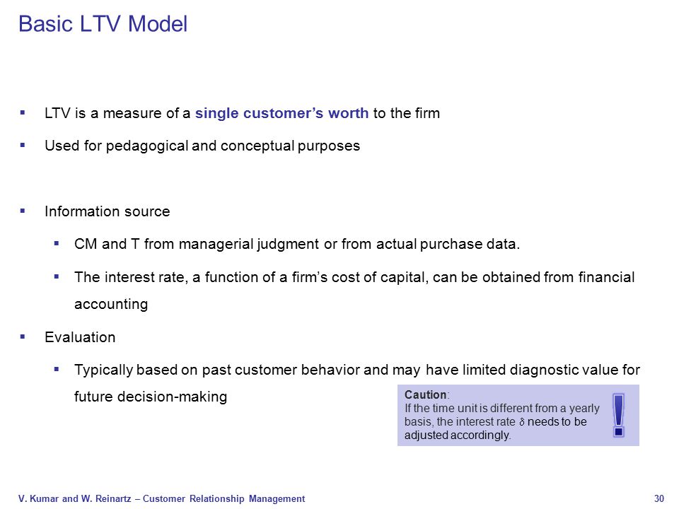 Basic LTV Model LTV is a measure of a single customer’s worth to the firm. Used for pedagogical and conceptual purposes.