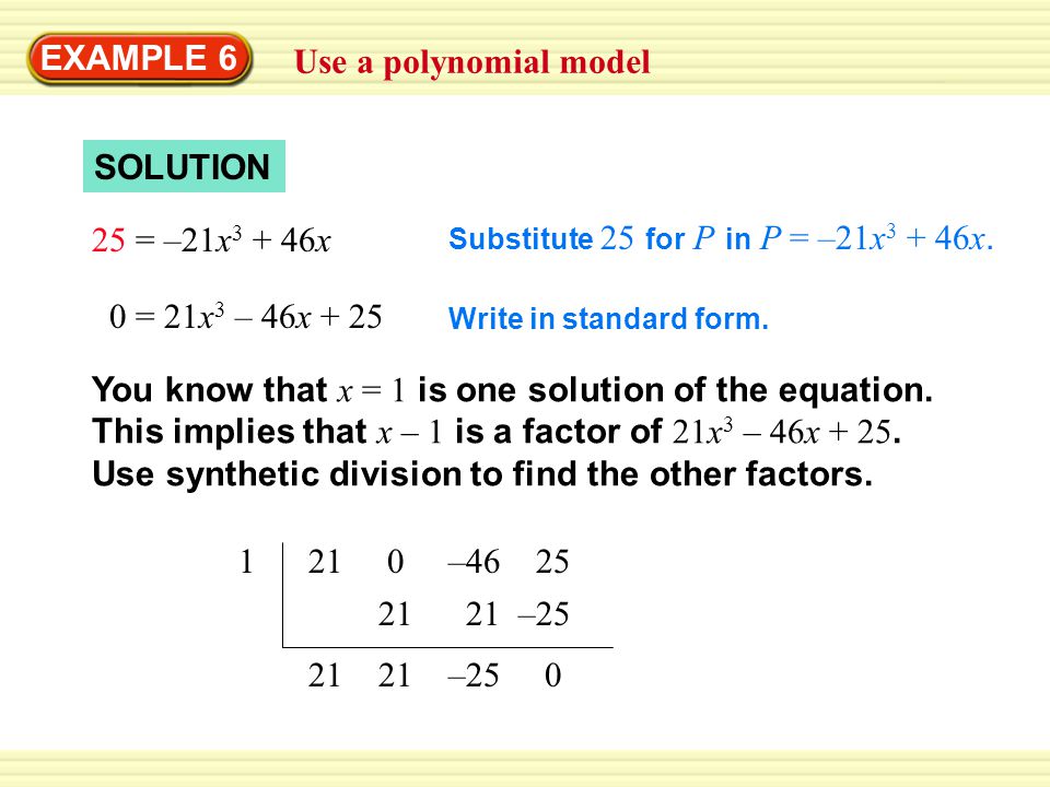 EXAMPLE 6 Use a polynomial model SOLUTION 25 = –21x3 + 46x