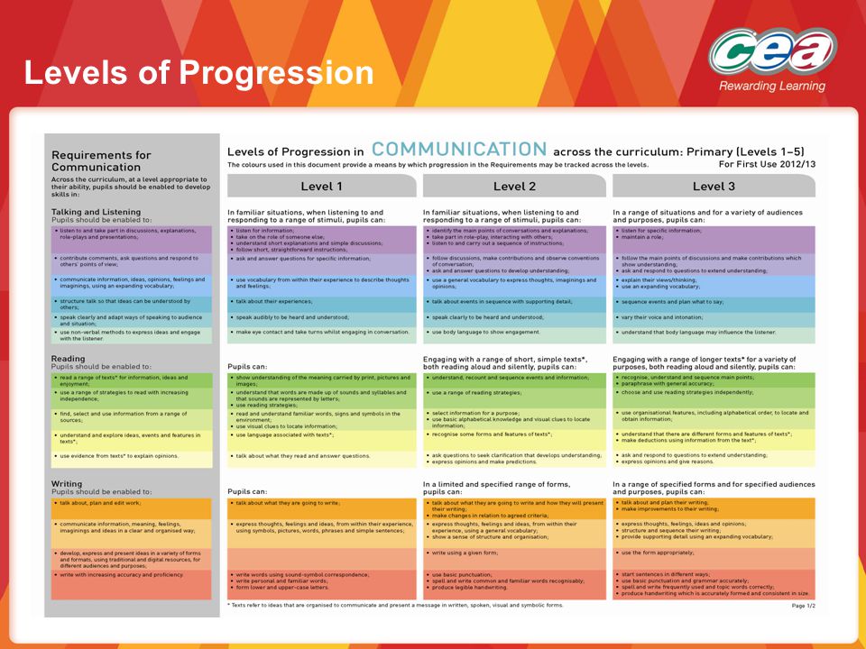 Levels of Progression As an example, here you can see Levels 1 to 3 of the Levels of Progression for Communication.