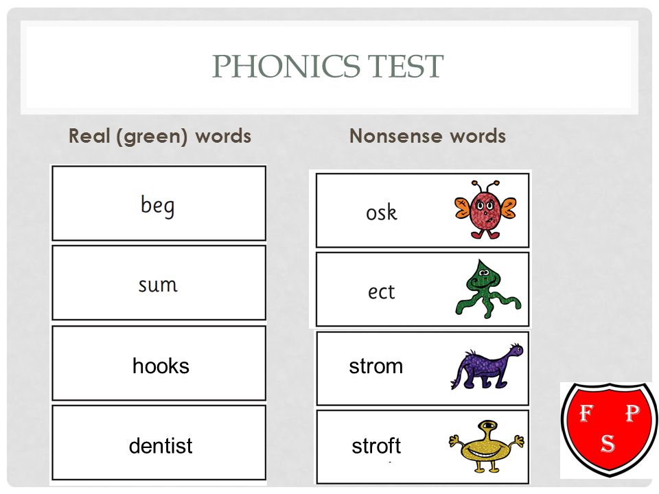 Phonics test hooks strom dentist stroft Real (green) words