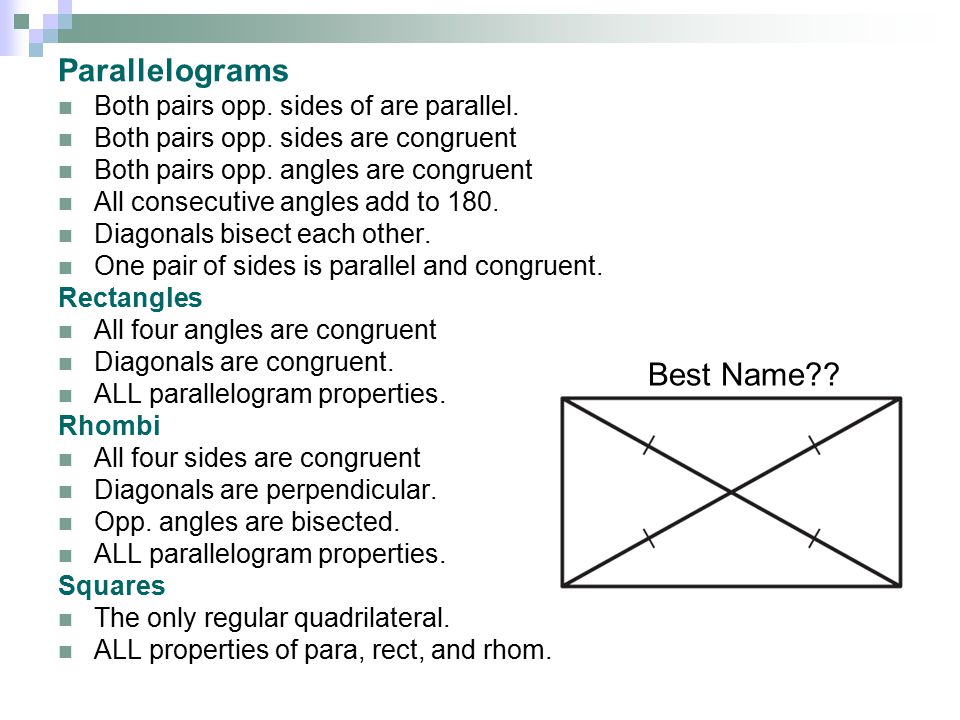 Parallelograms Best Name Both pairs opp. sides of are parallel.