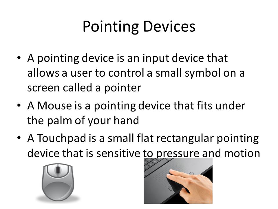 Pointing Devices A pointing device is an input device that allows a user to control a small symbol on a screen called a pointer.