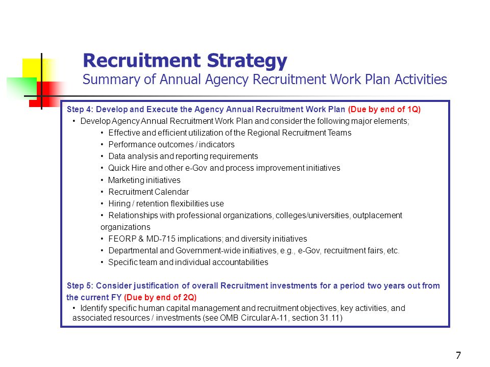 Recruitment Strategy Summary of Annual Agency Recruitment Work Plan Activities.