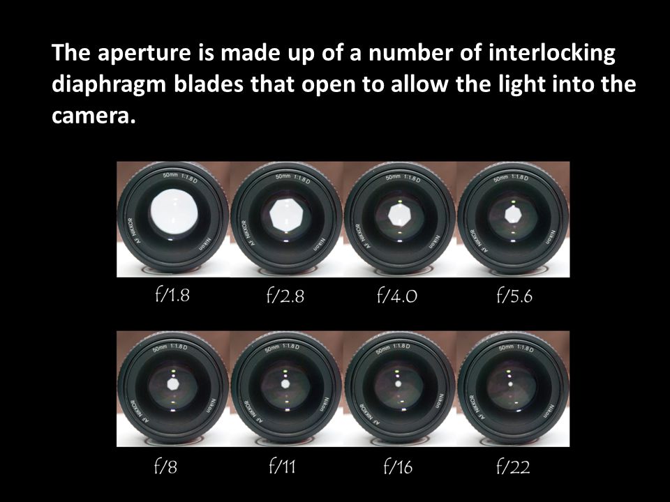 The aperture is made up of a number of interlocking diaphragm blades that open to allow the light into the camera.